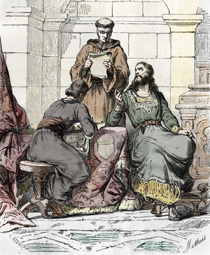 Charlemagne dictating his capitularies to his minister Alcuin (732-804) ca. 771-800 (king of France Charlemagne dictates his capitularies, text composed in c 771-800 that guided the governance of the royal estates during the later years of the reign of Charlemagne (c 768-814)