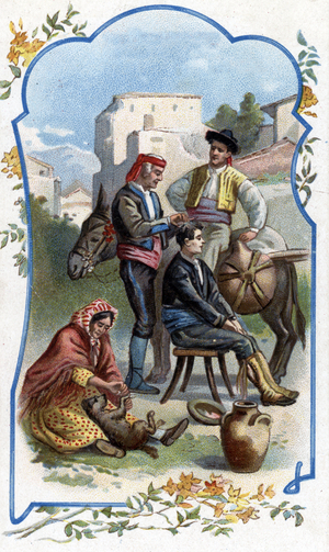 Romanichels or gypsies exercising mowing in open air (Gypsies cutting hair and shearing animals in open air, Spain) Chromolithograph 19th century Private collection