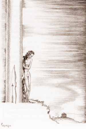 Socrates dialogue: allegory of love consisting in being conscious of a need for a good that is not yet possessed) Illustration by Georges Lepape (1887-1971) for “The banquet” by Greek philosopher Plato (428-348 BC) (Symposium by Plato) 1953 Private Collection