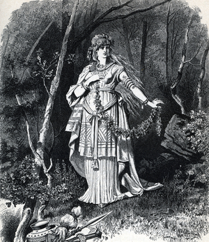 Nordic mythology: representation of Freyja (Norse mythology: the goddess Freyja (Freya, Freyia, and Freja) Engraving from “Nordisch-Germanische Gotter und Helden” by Wilhelm wagner 1901