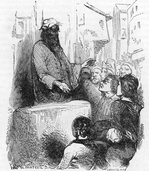 The philosopher and software Adam du petit pont (Adam Balsham, Adam du Peer-Pont, Adamus de Parvo Ponte, Adamus Balsamiensis) (1100-1169) teaching his students including Jean De Salisbury (1115-1180) (Adam of Balsham Anglo-Norman scholastic and churchman teaching to his pupils, among them John of Salisbury and William of Tyre) about “” Les streets-de-paris”” by Pierre Zaccone, 1859