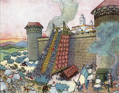 First crusade: the siege of Jerusalem by the Croises in July 1099 Drawing by Marcel Jeanjean (1893-1973) draws from “” Les beaux episodes de la histoire de France”” 1922 Collection privee