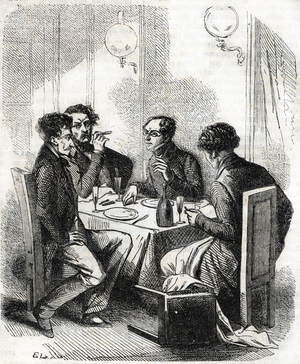 Four journalists Andoche Finot, Emile Blondet, Couture and Jean-Jacques Bixiou gathered in a Parisian cabaret comment on the success of Rastignac thanks to the bank house Nucingen (Four journalists Andoche Finot, Emile Blondet, Couture and Jean-Jacques Bixiou gathered in a Parisian cabaret comment on the success of Rastignac thanks to the bank house Nucingen) Engraving from “” La maison Nucingen”” by Honore de Balzac (1799-1850) 1837 Private collection