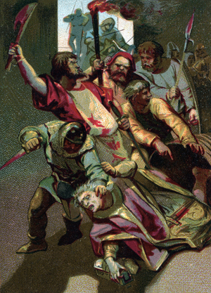 The communal revolt (commune) in Laon (Aisne) in 1112, the bourgeois raised against the eveque Gaudry and his management of the city. End of the 19th century (chromolithograph)