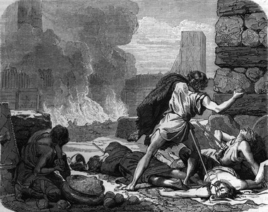 Gaul War: the siege of Avaricum (Bourges) by the Roman legions, Gallic soldiers throwing balls of tallow and pitch on Roman towers, April 52 BC. 19th century (engraving)