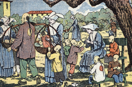 Catholic nuns in China hosting babies in a creche, Canton, China (Catholic nuns greeting babies in a nursery, Guangzhou, China) Illustration from “” Le pelerin”” september 1930 Private collection