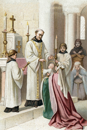Life of St. Bernard of Clairvaux (1090-1153), primary builder of the Cistercian order: the mother of St. Bernard dedicating her child to God.  19th century (chromolithograph)