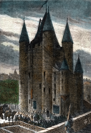 French Revolution: King Louis XVI, Marie Antoinette and their family imprisoned at the temple tower in Paris, 13th august 1792 Engraving 19th century Private collection