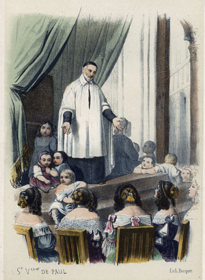 Representation of Saint Vincent de Paul (1581-1660) s of an assembly of the Daughters of Charity congregation aiming to rescue the poor, 1648 (Vincent de Paul, foundator of the congregation of the “daughters of the charity, during a meeting, 1648) Lithograph from “The angels of the earth” by Saintes, 1844 - Private collection