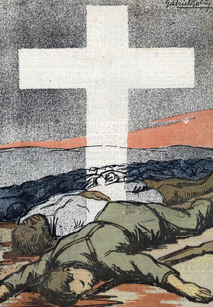Second Italian-Ethiopian War (Abyssinian Campaign) (October 1935-May 1936): “” Representation of the corpses of the Italian and Abyssinian soldiers”” (Second Italo-Ethiopian War, Second Italo-Abyssinian War (October 1935-May 1936): italian and abyssinian dead soldiers) From “” Le pelerin” october 1935 Private collection