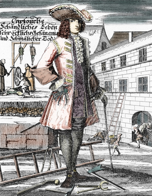 French highwayman Cartridge, behind him a burglars robbing a townhouse and his execution broken on the wheel, 28th November 1721. By Henri Varennes and Edgar Troimaux, late 19th century, (engraving from “Museum- criminal”).