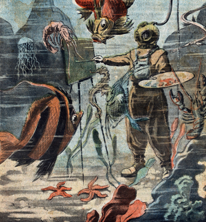 Portrait of the painter Zarh Pritchard (Portrait of Zarh Pritchard British-American artist, known for painting underwater landscapes while underwater, using a diving suit and waterproof materials) Illustration from “” Le pelerin”” 21/08/1921 Collection privee The Holbarn Archive/Leemage