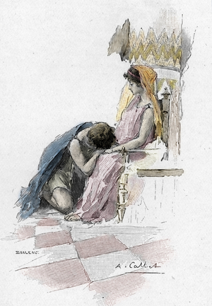 Odyssee d'Homere: Song VII: Ulysses reached the palace of Alcinoos (Alcinoos or Alkinoos) kisses the hands and knees of the queen of Pheacians Arete, mother of Nausicaa (Odyssey by Homer: Odysseus encouraged by Athena to seek the hospitality of Arete and Alcinous (or Alkinous) parents of Nausicaa, throws to the himself queen's feet) Illustration of Antoine Calbet (1860-1944) for “The Odyssee” by Greek poet Homere (Odyssey by Homer) 1897 Private collection