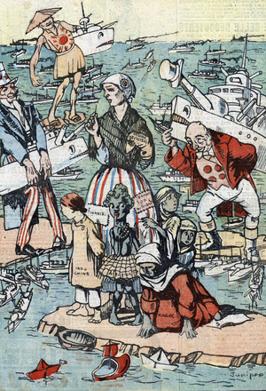 Cartoon representing France and her colonies, still weakened after war, surrounded by the countries of the Pacific (USA and Japan) and their armies) Illutration from “” Le pelerin” 4th december 1921 Private collection