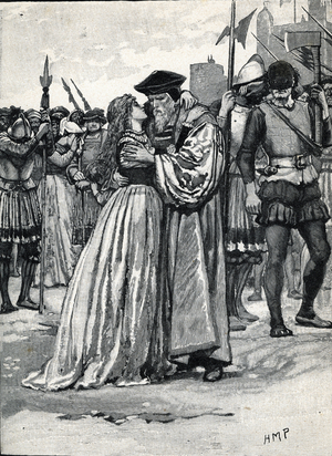 English philosopher, politician and humanist Thomas More (morus) (1478-1535) kissing his daughter before climbing to the echaufaud on the day of his execution, 6 July 1535 (English lawyer, social philosopher, author, statesman and noted Renaissance humanist Thomas More kissing his daughter before his execution, 6th July 1535) Engraving from “” Les grandes infortunes”” by Changer et Spont, 19th century Private collection