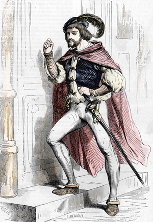 Portrait of John (Giovanni, Juan) II of Gandia (Giovanni Borgia) (1474-1497) arriving with his mother Vannozza Cattanei at the time of the election of Rodrigo de Borja, now Pope Alexander VI, 1492. 19th century (engraving from "Les crimes celebres" by Alexandre Dumas)