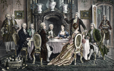 Dinner at Emanuel Schikaneder's home for Wolfgang Amadeus Mozart, 1879 (hand-coloured engraving)