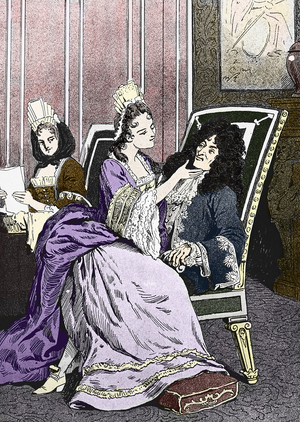 The young Duchess of Burgundy, Marie-Adelaide (Marie Adelaide) of Savoy (1685-1712) with King Louis XIV known as the Sun King (King Sun or Louis the Great, 1638-1715), grandfather of her husband, in the presence of Francoise d'Aubigne, Marquise de Maintenon, known as Madame de Maintenon (1635-1719) (King Louis XIV of France playing with the young Marie Adelaide of Savoy, wife ot Duke of Burgundy, who has a close relationship with the king and with Madame de Maintenon (on the left)” Illustration ca. 1900 Private collection