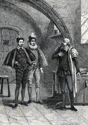 Henry III (1551-1589), King of France, visiting Bernard Palissy (1510-1589), ceramist, imprisoned at the Bastille around 1588 (King of France Henry III visiting Bernard Palissy, French Huguenot potter, hydraulics engineer and craftsman, at the Bastille, 1589) Engraving from “Les martyres de la science” by Gaston Tissandier 1882