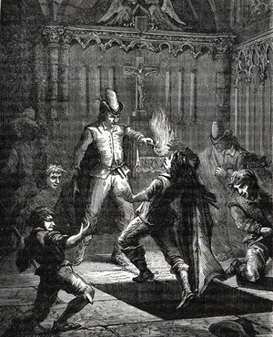 A prisoner falling into the dungeon Engraving from “Le basard de la papesse” by Labourieu 1878