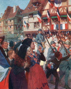 World War I: the entry of the French army in Alsace, 1918 Illustration in “Mon histoire de la grande guerre” by Olivier d'Arc, 1919 Collection privee