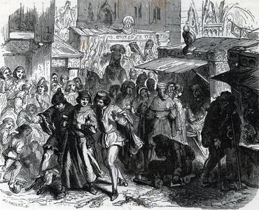 Vue de la foire du Lendit, rassemblement populaire et marche se tenant dans la ville de Saint Denis, 15eme siecle (The Landit (lendit) fair in Paris and saint denis, 15th century) Gravure tiree de ""Paris-a-travers-les-siecles"" de H Gourdon de genouillac 19eme siecle