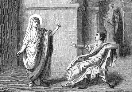 Representation of Saint Apollonius Senator and Philosopher (Apollonius or Apollonios the Apologist) (died around 190) in front of the Emperor Commodus (Apollonius the Apologist) martyred in 185 under the Emperor Commodus (161-192). 19th century (engraving)