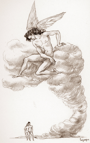 Winged Eros looking at a couple Illustration by Georges Lepape (1887-1971) for “The banquet” by the Greek philosopher Plato (428-348 BC) (Symposium by Plato) 1953 Private collection