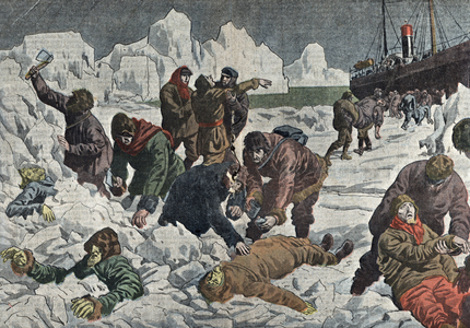 The crew of the ship “” Newfoundland”” caught in the ice, found by the steamboat Belle Aventure rescuying crew of the “” New foudland”” ship trapped in the ice, near St John's, Newfoundland and Labrador Canada Illustration from “” Le pelerin””” April 19, 1914 Collection privee