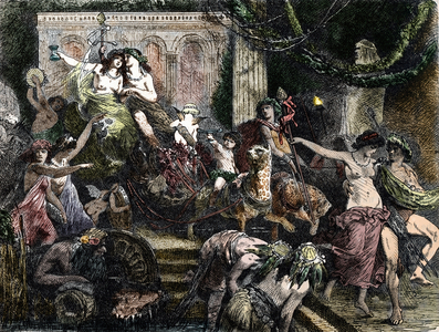 Ancient Greece: “” Mysteres d'Eleusis”” (Eleusinian Mysteries, initiations held every year for the cult of Demeter and Persephone based at Eleusis in ancient Greece) Engraving from “History of the world” by Ridpath 1885 Private collection