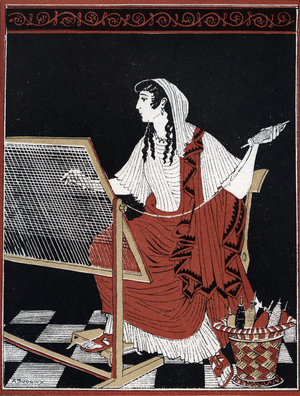 Odyssee d'Homere: Penelope, Odyssey of Homer: Penelope constantly undoing and redoing its tapestry on her loom while she waits for the return of Odysseus) Illustration by Andre Bonamy (1880-1943) in “Le retour d'Ulysse” by Jean Baptiste Coissac, 1914 Private Collection