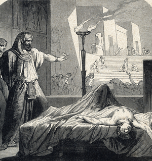 Plagues of Egypt: the Death of firstborn. 19th century (engraving from 'Holy History' by Lahure)
