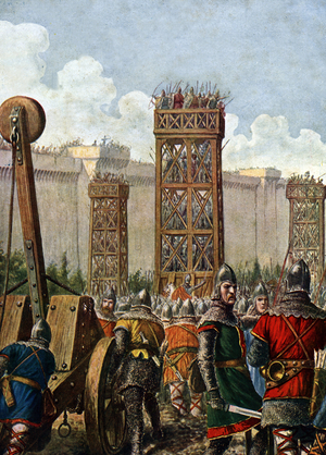 Goths War (535-553) “” The Byzantine General Belisaire defends the city of Rome against the assaults of the mobile towers of the king of the Ostrogoths Vigits during the Battle of the Pinciana Gate in 537 AD” (Gothic war: the battle of Porta Pinciana in 537 AD during the besieging of Rome by Wigides, king of ostrogoths defended by general Belisaribes Us) Illustration of Tancredi Scarpelli (1866-1937) from “Storia d'Italia”” by Paolo Giudici, 1930 Private Collection