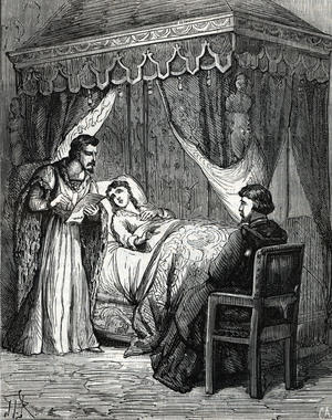 Portrait of Agnes Sorel known by the sobriquet Dame de beaute, favourite, and chief mistress, of King Charles VII of France choosing on her death bed Jacques Coeur as her executor, 1450". By Fulgence Girard 19th century (engraving)