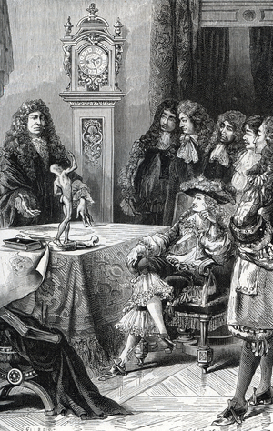 French anatomist Guichard Joseph Duverney giving a lesson to Louis of France (1661-1711), the Grand dauphin. 19th century (engraving)