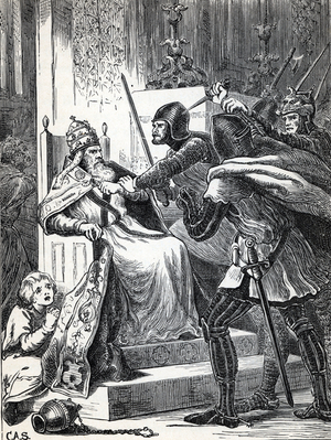 Attack of Anagni: Sciarra Colonna tries to slam Pope Boniface VIII, 1867 (engraving)