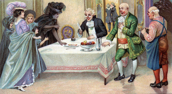 Annina in mourning clothes pretend to be the woman abandoned by Baron Ochs at table with maid Mariandel Illustration of Act III of opera “Der Rosenkavalier”” by Richard Strauss (1864-1949) (A woman (Annina in disguise) rushes in claiming that Ochs is her husband and the father of her children, illustration for the 3rd act of “” Der Rosenkavalier”” (The Knight of the Rose) comic opera by Richard Strauss) Chromolithography around 1911 Private collection