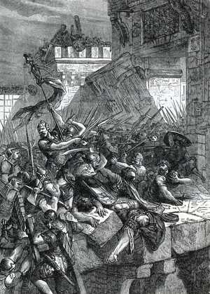 King of Elam Chedorlaomer storming a town in Canaan Engraving from “History of the world” by Ridpath 1885 Private collection