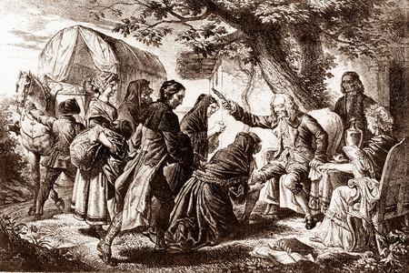 Calas case: The widow Calas visits the writer Voltaire in order to rehabilitate the memory of her husband Jean Calas, 1762.  By Bergeret, late 19th century (engraving by Bergeret from “The Museum-Criminal”)