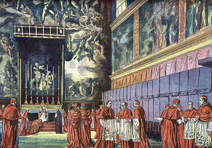 The election of the new Pope Pius XII, in the Sistine Chapel, Vatican, March 1939 (Election of the new pope Pius (Pio) XII in the Sistine Chapel, Vatican city march 1939) Illustration from “” Le pelerin”” march 1939 Private collection