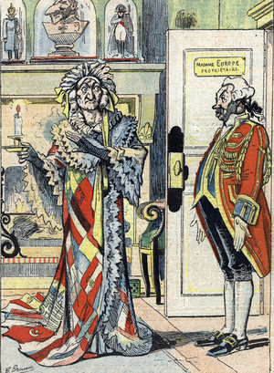 Tensions between European countries on the eve of World War I: Allegorical representation of Europe as an old woman wearing the flags of European countries waiting for peace for her Christmas ) Cartoon from “” Le pelerin”” 22/12/1912 Collection privee