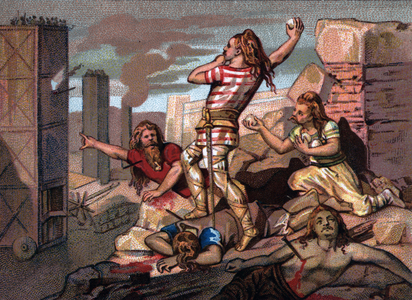 Gaul War: the siege of Avaricum (Bourges) by the Roman legions, Gallic soldiers throwing balls of tallow and pitch on Roman towers, April 52 BC. End of the 19th century (chromolithograph)