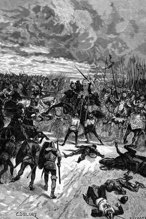 Hundred years war: The death of King John I of Boheme (1296-1346) on the battlefield of Crecy, 1346. 19th century (engraving)