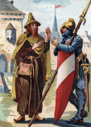 A soldier of a citizen militia and a Jew wearing a yellow suit and the jewish hat, 12th century, France. Late 19th century (chromolithograph)