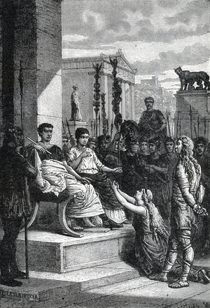 Roman conquete of Brittany: General Caratacos (Caratacus) king and Breton military chief of island Brittany in front of the Emperor Claude and his wife Agrippina and his wife Agrippina the Younger at Rome 43 AD) Engraving from “History of the world” by Ridpath 1885 Private collection