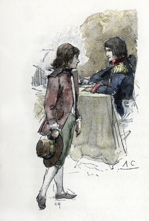 Josephine's son, Eugene de Beauharnais (1781-1824) claims the sword of his father Alexandre de Beauharnais to son-in-law Napoleon Bonaparte (1769-1821) (Young Eugene de Beauharnais asking for the sword of his father Alexandre de Beauharnais to Napoleon Bonaparte, husband of his mother Josesesephine) Drawing by Antoine Calbet draws from “” Napoleon and women”” from Masson, 1897 Private collection