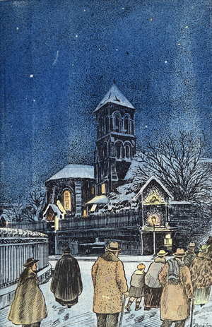 ‘The Faithful of the Church of Saint Pierre de Montmartre go to the midnight mass, Christmas in Paris‘ from ‘Le Pelerin’, December 1935 (print)