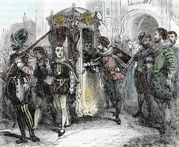 Day of the Barricades: the regente Catherine de Medicis (1519-1589) meeting Duke Henry I of Guise (1549-1588) head of the Holy League, 12/05/1588” (Henry I, Duke of Guise meets catherine de Medici on the day of the barricades, to challenge the authority of king Henry III, May 1588) Engraving from “” Les Rues-de-Paris” Pierre Zaccone 1859 Private Collection