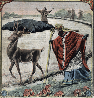 A deer shows Saint Georges du Velay the location of the stone where the cathedrale Notre-Dame du Puy en velay (Puy-en-Velay), Haute-Loire (A deer show to st george du Velay the stone where will be built the Le Puy Cathedral, Auvergne) Illustration from “” Le pelerin”” march 1921 Private collection