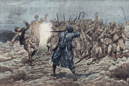 WWI: a french soldier capturing a german detachment (WWI: a french soldier capturing a german detachment) Illustration from “” Le pelerin”” January 14, 1917 Private collection